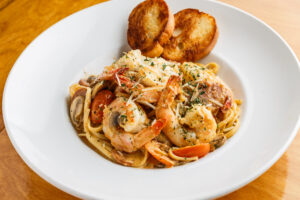 A pasta dish with shrimp